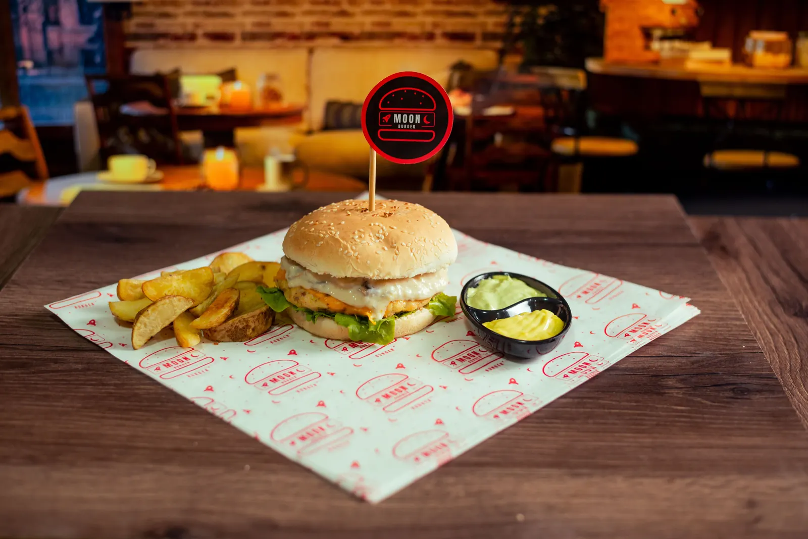 Representative burger and potato wedges