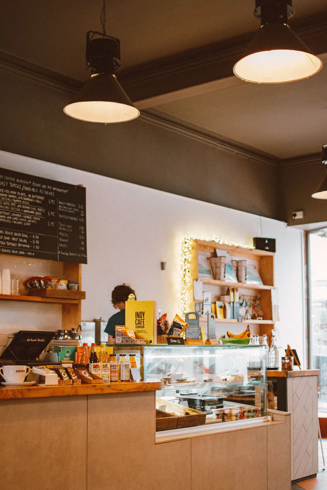 Representative warm café counter with food display
